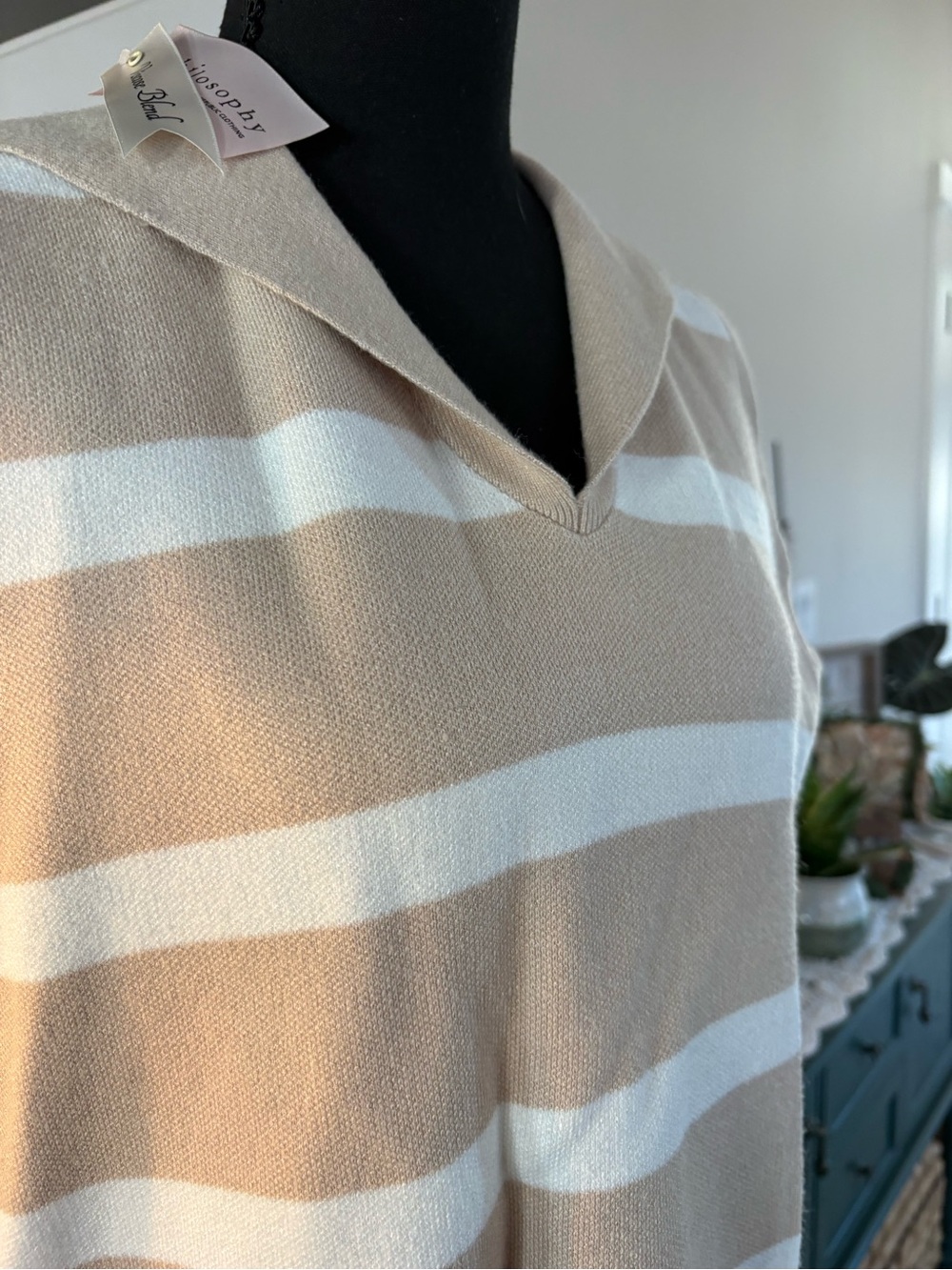Philosophy Beige and White Striped Sleeveless Knit Top - Picture 2 of 4